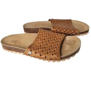 Woven Slide Sandals 7.5 Boho Cottagecore Cork Footbed Tan Leather Mules